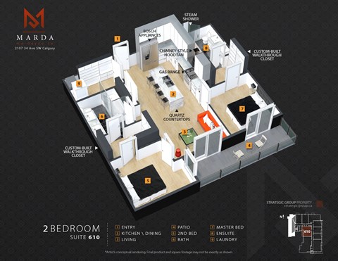 Floor plan for 2 beds, 2 baths, 838 sqft